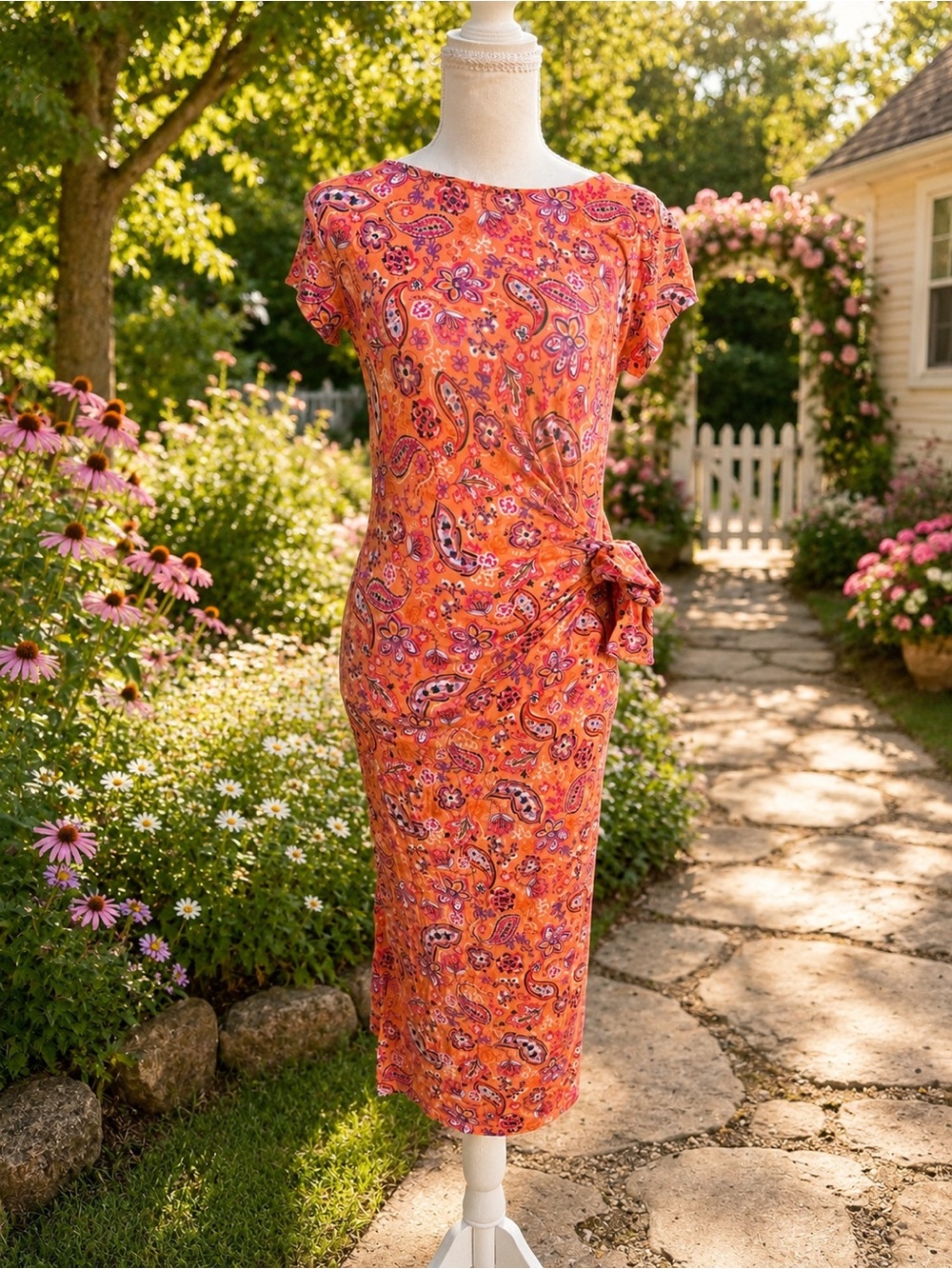 LOFT Orange Paisley Tie-Waist Midi Dress